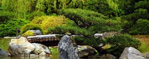 Preview wallpaper bridge, stones, trees, pond, timbered, greens, summer, smooth surface