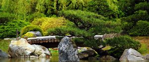 Preview wallpaper bridge, stones, trees, pond, timbered, greens, summer, smooth surface