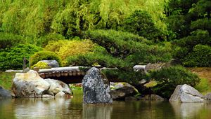 Preview wallpaper bridge, stones, trees, pond, timbered, greens, summer, smooth surface