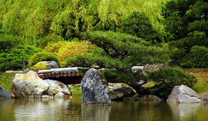 Preview wallpaper bridge, stones, trees, pond, timbered, greens, summer, smooth surface