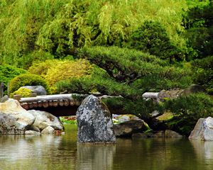 Preview wallpaper bridge, stones, trees, pond, timbered, greens, summer, smooth surface