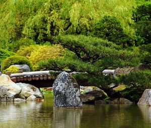 Preview wallpaper bridge, stones, trees, pond, timbered, greens, summer, smooth surface