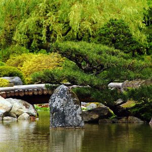 Preview wallpaper bridge, stones, trees, pond, timbered, greens, summer, smooth surface