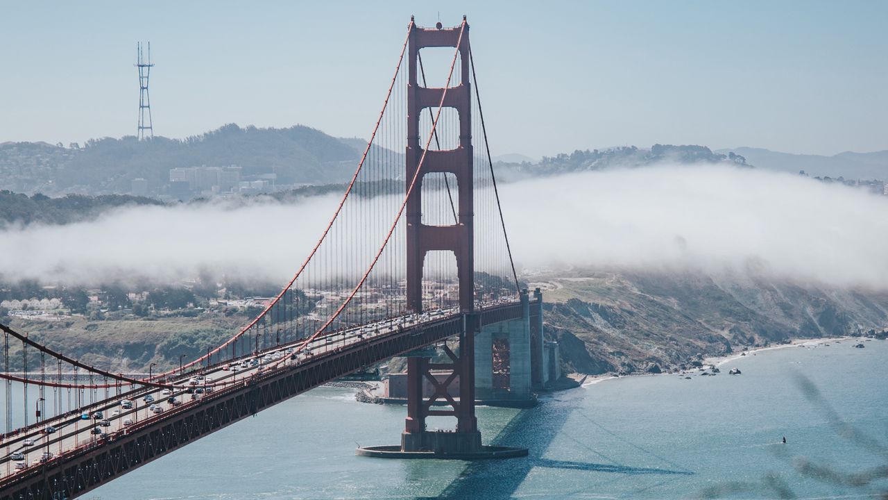 Wallpaper bridge, strait, aerial view, coast, fog