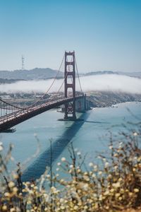 Preview wallpaper bridge, strait, aerial view, coast, fog