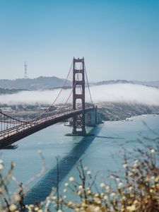 Preview wallpaper bridge, strait, aerial view, coast, fog