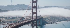 Preview wallpaper bridge, strait, aerial view, coast, fog