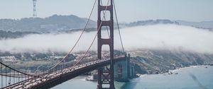 Preview wallpaper bridge, strait, aerial view, coast, fog