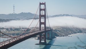 Preview wallpaper bridge, strait, aerial view, coast, fog