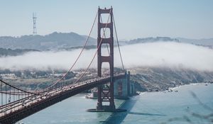 Preview wallpaper bridge, strait, aerial view, coast, fog