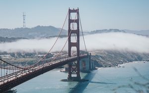 Preview wallpaper bridge, strait, aerial view, coast, fog
