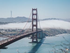 Preview wallpaper bridge, strait, aerial view, coast, fog