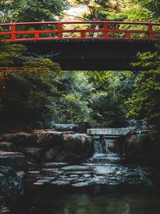 Preview wallpaper bridge, stream, cascade, stones, trees