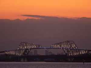 Preview wallpaper bridge, sunset, backlight, bay, architecture