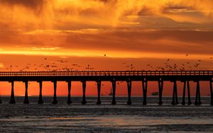 Preview wallpaper bridge, sunset, birds, sea, dusk