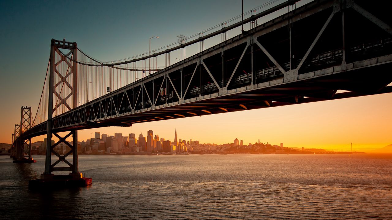 Wallpaper bridge, sunset, evening, water, san francisco, california