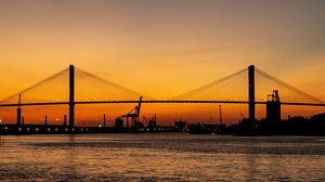 Preview wallpaper bridge, sunset, horizon, port