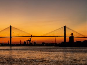 Preview wallpaper bridge, sunset, horizon, port