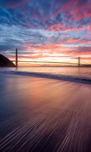 Preview wallpaper bridge, sunset, water, waves