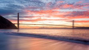 Preview wallpaper bridge, sunset, water, waves