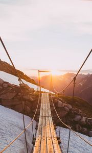Preview wallpaper bridge, sunshine, mountains, suspension bridge, snow, vertex
