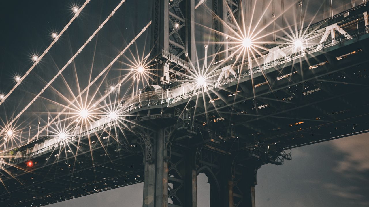 Wallpaper bridge, support, lights, river, city, construction, architecture