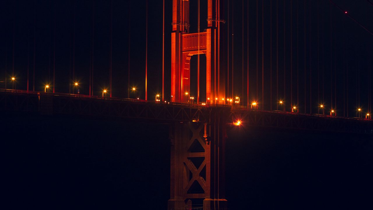 Wallpaper bridge, support, lights, night, dark