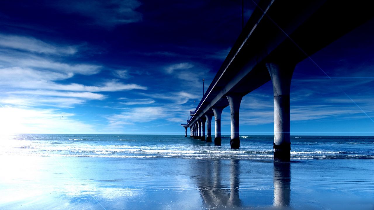 Wallpaper bridge, support, pier, columns, coast, beach, waves, dawn, blue