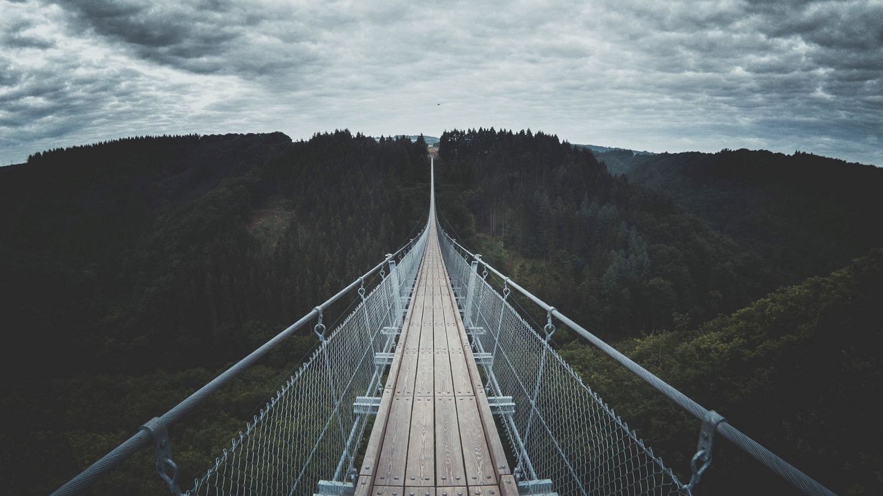 Wallpaper bridge, suspended, wood, trees, sky, clouds, germany