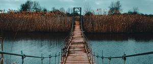 Preview wallpaper bridge, suspension, river, shore, rope, wooden