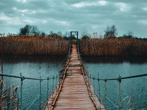 Preview wallpaper bridge, suspension, river, shore, rope, wooden