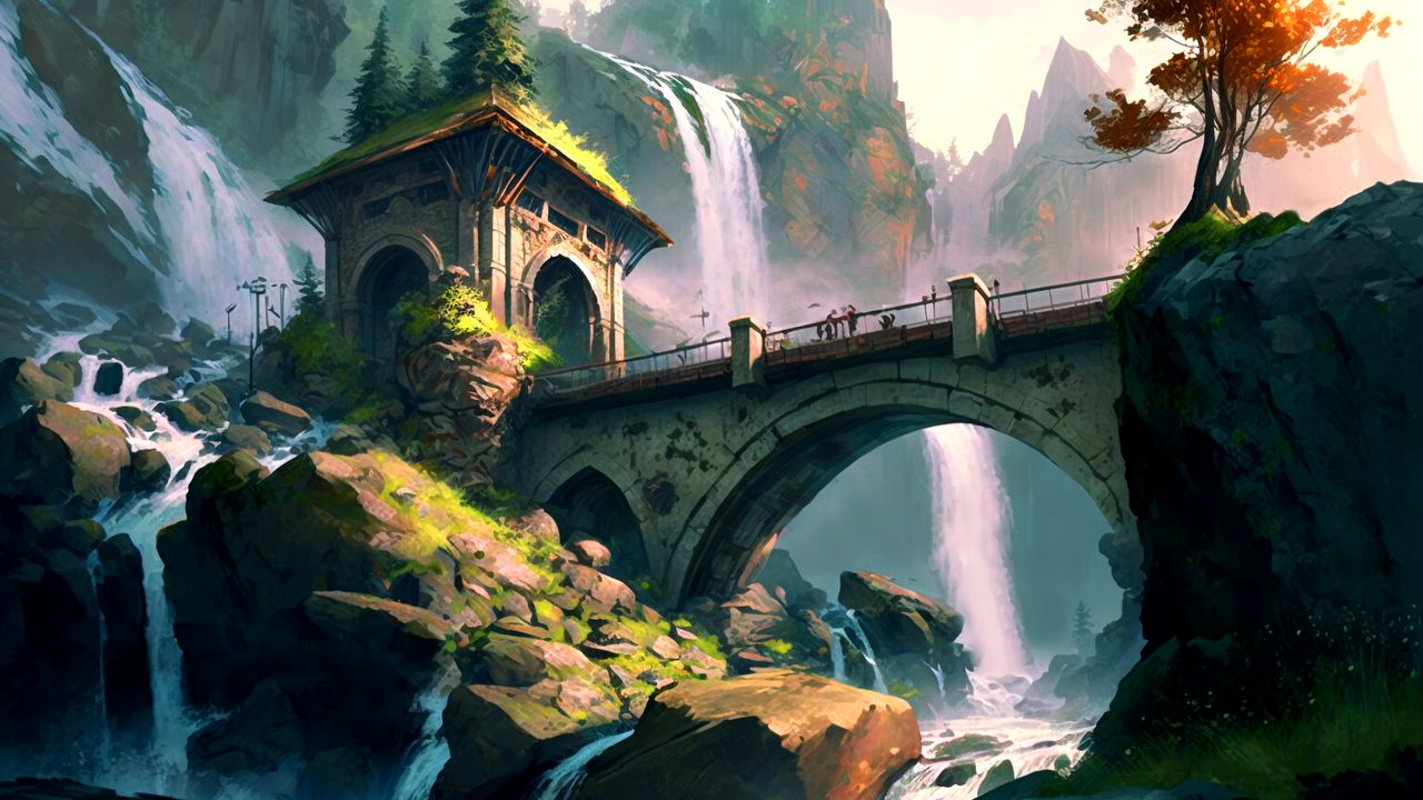 Wallpaper bridge, tower, arch, waterfalls, art