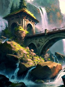 Preview wallpaper bridge, tower, arch, waterfalls, art