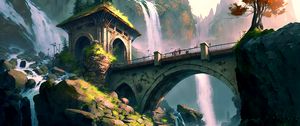 Preview wallpaper bridge, tower, arch, waterfalls, art