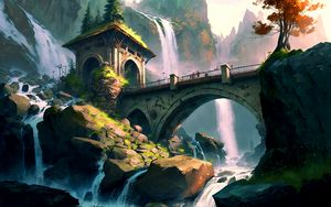Preview wallpaper bridge, tower, arch, waterfalls, art