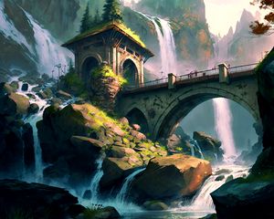 Preview wallpaper bridge, tower, arch, waterfalls, art