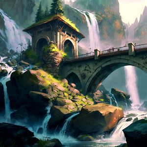 Preview wallpaper bridge, tower, arch, waterfalls, art