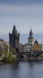 Preview wallpaper bridge, tower, buildings, architecture, river