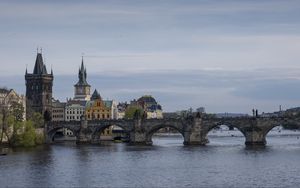 Preview wallpaper bridge, tower, buildings, architecture, river