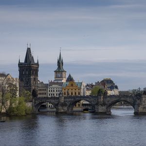 Preview wallpaper bridge, tower, buildings, architecture, river