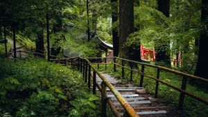 Preview wallpaper bridge, trail, trees, roof, building, nature