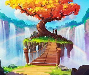 Preview wallpaper bridge, tree, waterfall, cliff, art