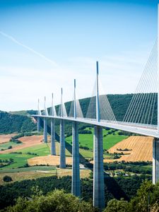 Preview wallpaper bridge, trees, fields, hills, landscape