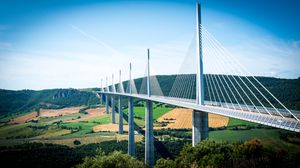 Preview wallpaper bridge, trees, fields, hills, landscape