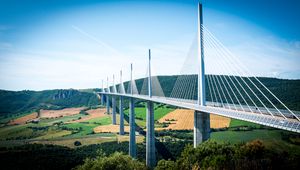 Preview wallpaper bridge, trees, fields, hills, landscape