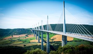 Preview wallpaper bridge, trees, fields, hills, landscape