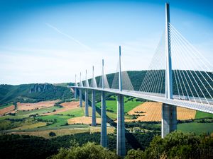 Preview wallpaper bridge, trees, fields, hills, landscape