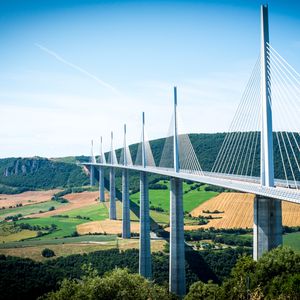 Preview wallpaper bridge, trees, fields, hills, landscape