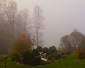 Preview wallpaper bridge, trees, fog, autumn
