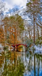 Preview wallpaper bridge, trees, lake, snow, winter, nature, landscape